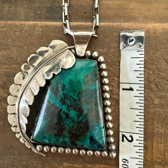 VTG Vintage Native Navajo Huge Chrysocolla Pendant Necklace Sterling Silver - Picture 1 of 9